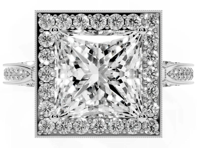 Princess Cut Vintage Milgrain Halo Engagement Ring Setting | Side Stones and Pave | Platinum
