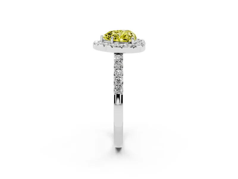Fancy Yellow Heart Cut Diamond Halo Pavé Solitaire Ring Set in Platinum with Prong-Set Center Stone