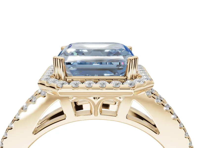 Asscher Cut Halo Split Shank Engagement Ring Setting for a Fancy Blue Lab-Grown Diamond | Pavé Shoulders | Yellow Gold