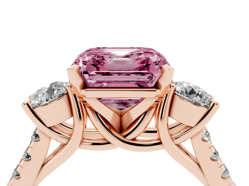 Asscher Cut Three-Stone Engagement Ring Setting for a Fancy Pink Lab-Grown Diamond | Rose Gold