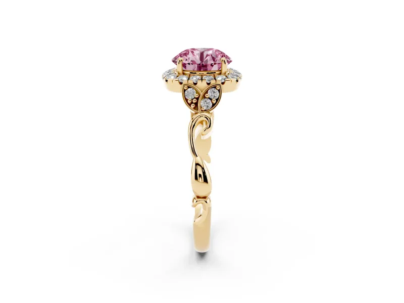 Round Halo Engagement Ring Setting for a Fancy Pink Lab-Grown Diamond | Leaf Shoulders | Yellow Gold