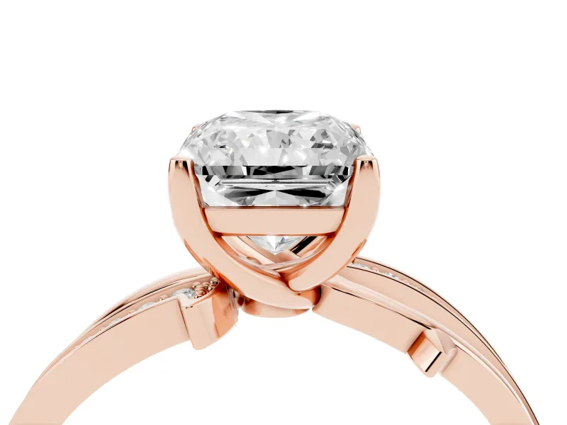 Radiant Cut Diamond Pavé Twist Band Solitaire Ring Set in Rose gold with Prong Setting