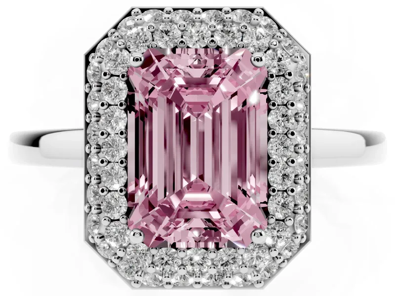 Fancy Pink Emerald Cut Diamond Halo Engagement Ring Set in White gold with Solitaire Band and Prong Setting