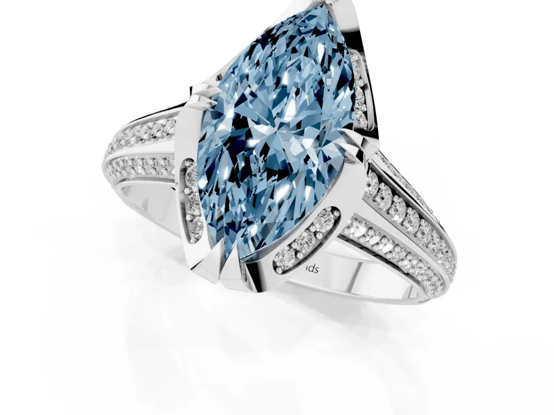 Fancy Blue Marquise Cut Diamond Pavé Split Shank Solitaire Ring Set in Platinum with Prong Setting
