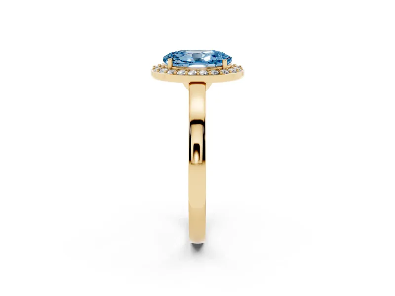 Fancy Blue Oval Cut Diamond Halo Ring Set in Yellow gold with Solitaire Band and Prong Setting