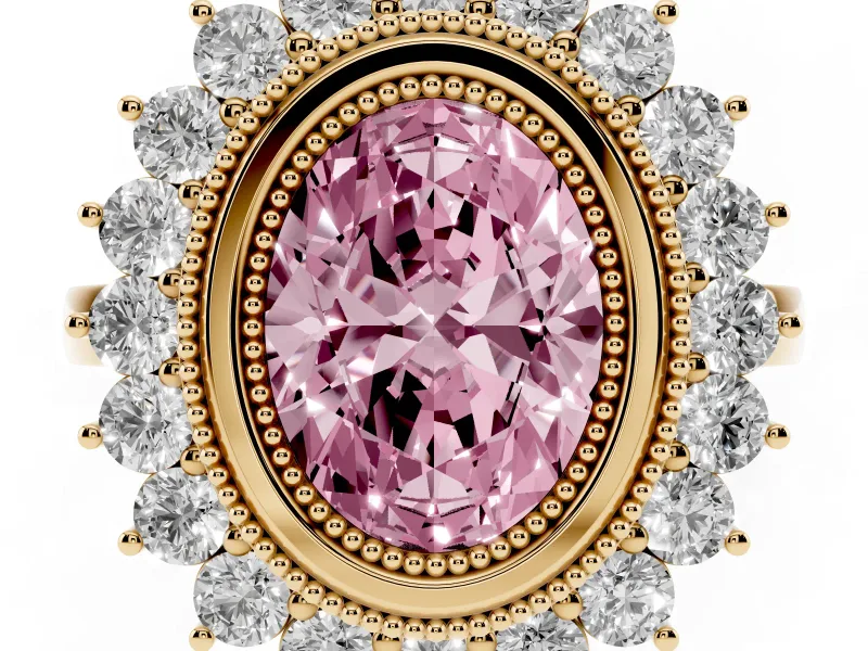 Oval Bezel Halo Engagement Ring Setting for a Fancy Pink Lab-Grown Diamond | Yellow Gold