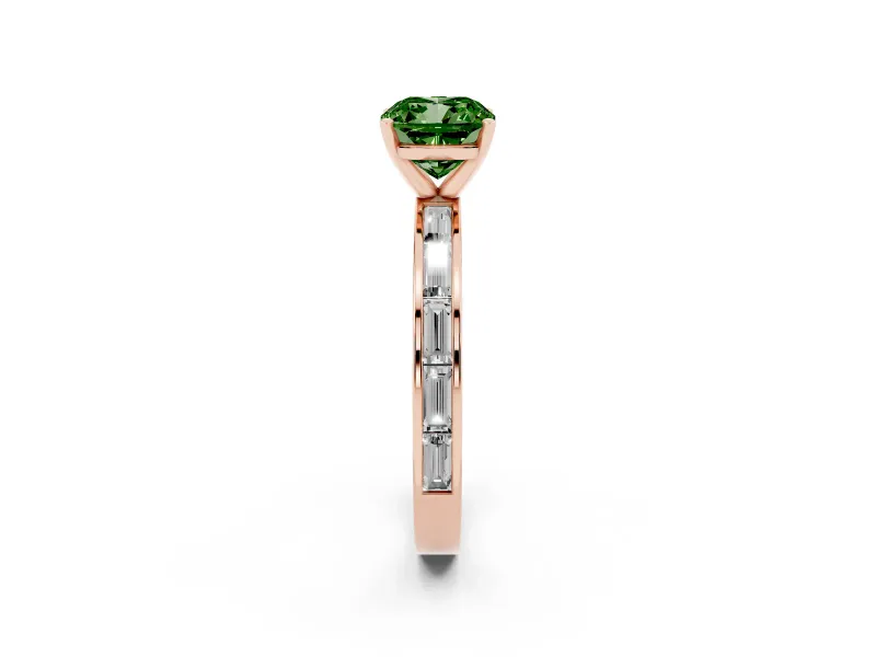 Fancy Green Cushion Cut Diamond Solitaire Ring Set in Rose gold with Channel-Set Baguette Band and Prong Setting