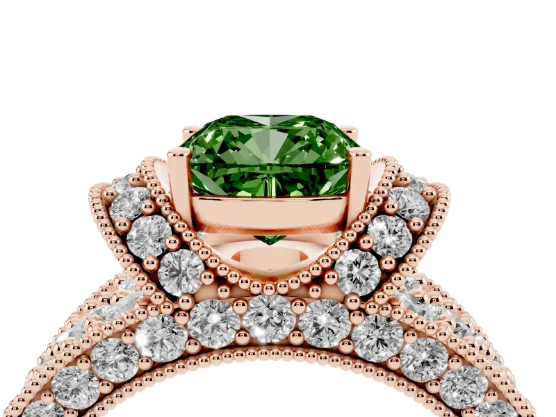 Cushion Cut Vintage Pave Engagement Ring Setting for a Fancy Green Lab-Grown Diamond | Milgrain Edges | Rose Gold