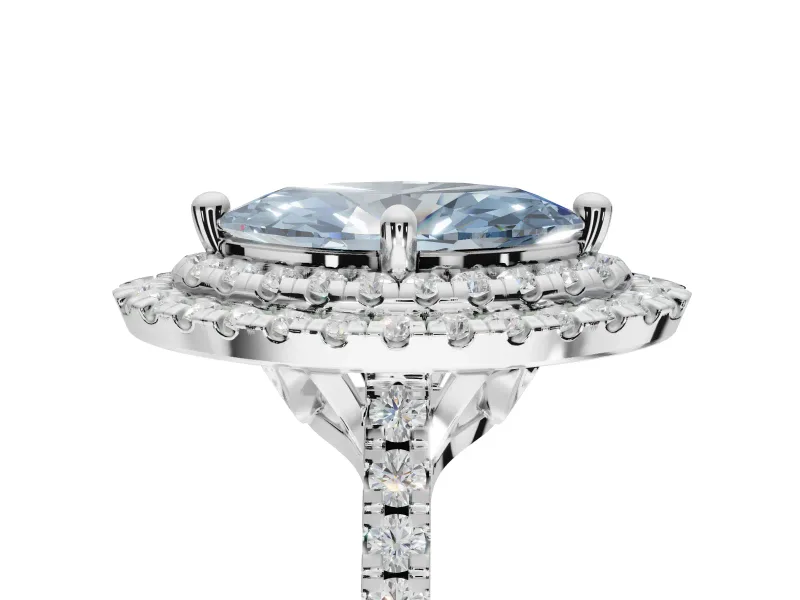 Fancy Blue Marquise Lab-Grown Diamond Double Halo Statement Ring Set in Platinum with Pavé Band