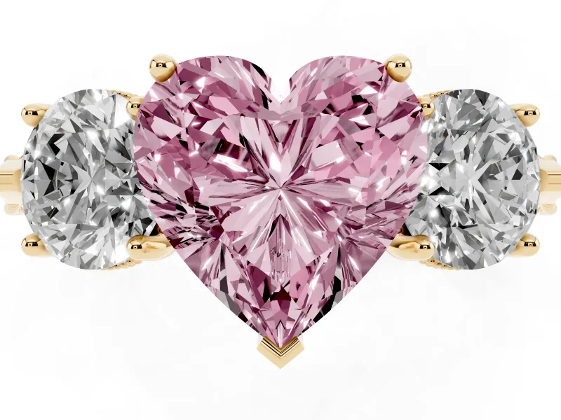 Heart-Shaped Vintage Three Stone Engagement Ring Setting for a Fancy Pink Lab-Grown Diamond | Yellow Gold - Design NV-24868