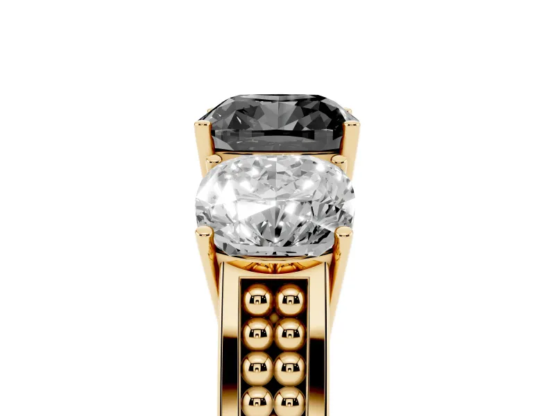 Cushion Cut Three Stone Engagement Ring Setting for a Black Center | Beaded Shoulders | Yellow Gold