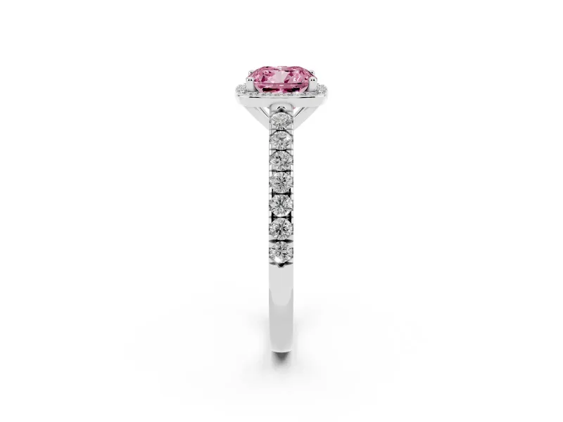 Fancy Pink Cushion Cut Diamond Halo Engagement Ring Set in White gold with Pavé Band and Prong Setting