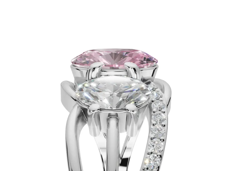 Oval Three Stone Split Shank Engagement Ring Setting for a Fancy Pink Lab-Grown Diamond | Matching Sides | White Gold