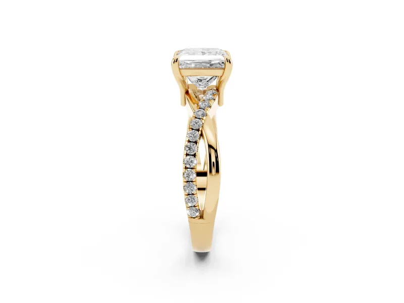 Princess Cut Diamond Twist Band Solitaire Set in Yellow gold with Pavé Accents and Prong Setting