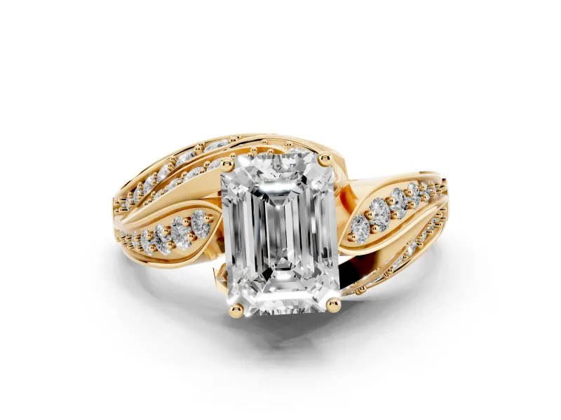 Emerald Cut Diamond Solitaire Ring Set in Yellow gold with Layered Twist Pavé Band
