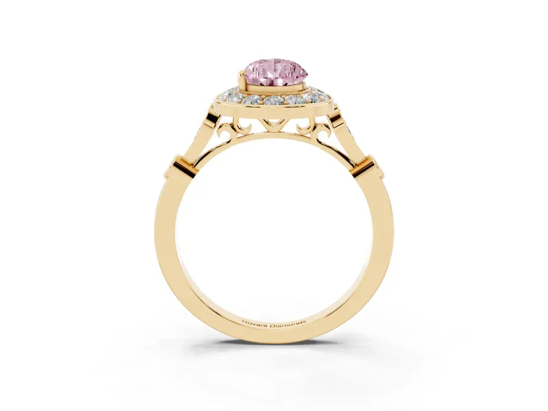 Pear-Shaped Halo Engagement Ring Setting for a Fancy Pink Lab-Grown Diamond | Bezel Station Shoulders | Yellow Gold