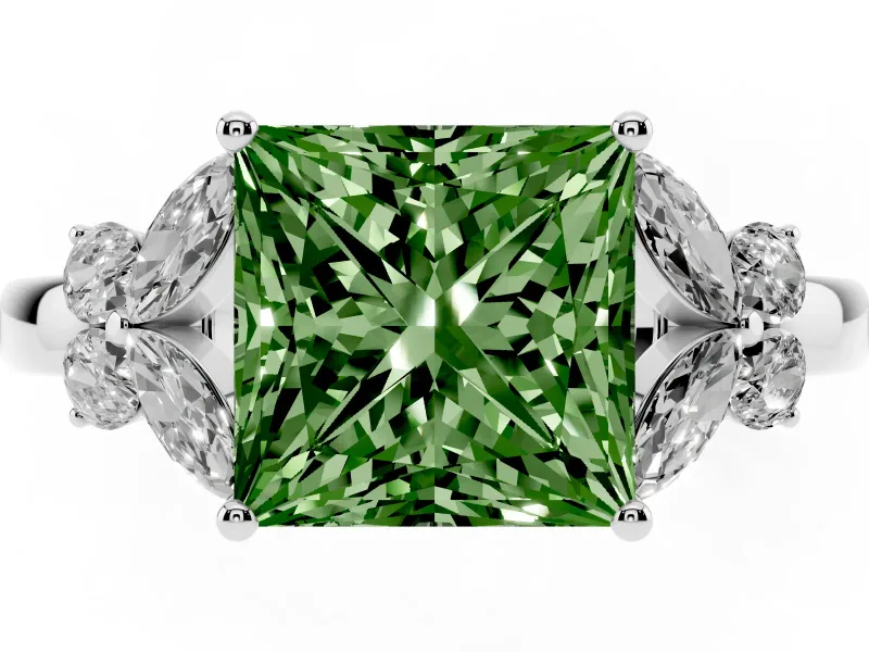 Fancy Green Princess Cut Diamond Solitaire Floral Ring Set in Platinum with Marquise Petals and Prong Setting