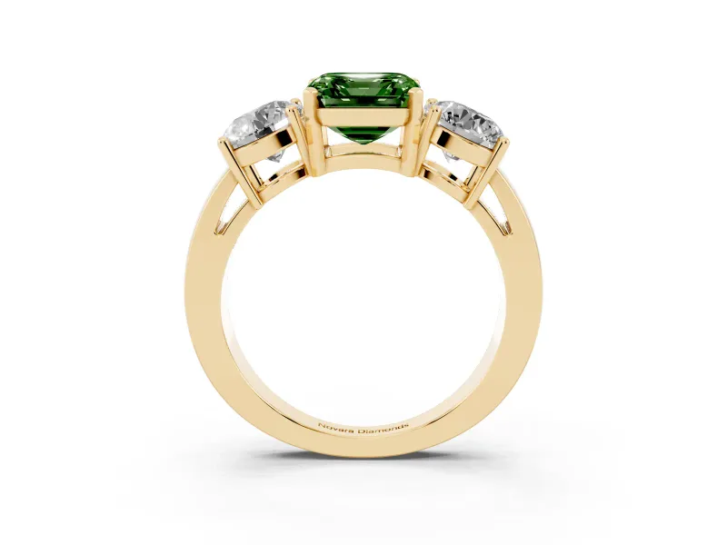 Asscher Cut Three Stone Engagement Ring Setting for a Fancy Green Lab-Grown Diamond | Wide Plain Band | Yellow Gold