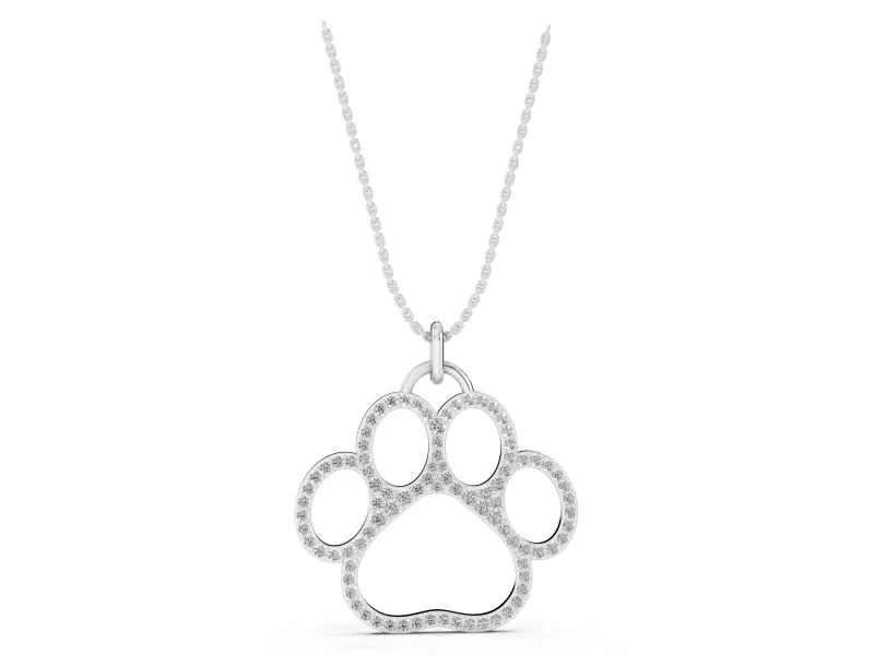 Round Lab-Grown Diamond Pavé Paw Print Pendant Necklace | Open Outline | Sterling Silver