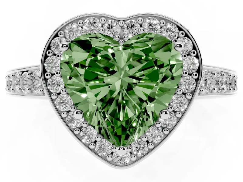 Fancy Green Heart Cut Diamond Halo Pavé Engagement Ring Set in Silver with Bezel Setting