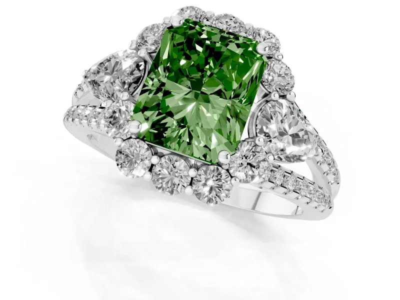 Fancy Green Radiant Cut Diamond Halo Split Shank Engagement Ring Set in Silver with Prong-Held Center Stone