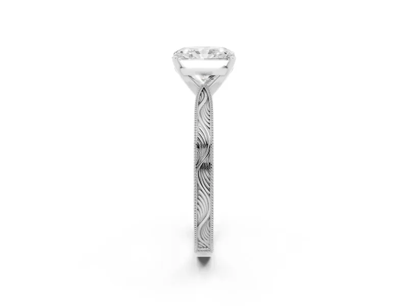 Radiant Cut Engraved Solitaire Engagement Ring Setting | Milgrain Edges | White Gold