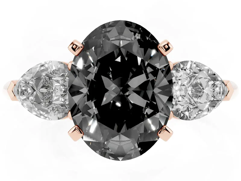 Oval Three-Stone Engagement Ring Setting for a Black Center | Pear Side Stones | Rose Gold
