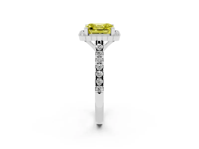 Fancy Yellow Asscher Cut Diamond Milgrain Floral Halo Engagement Ring Set in White gold with Pavé Band