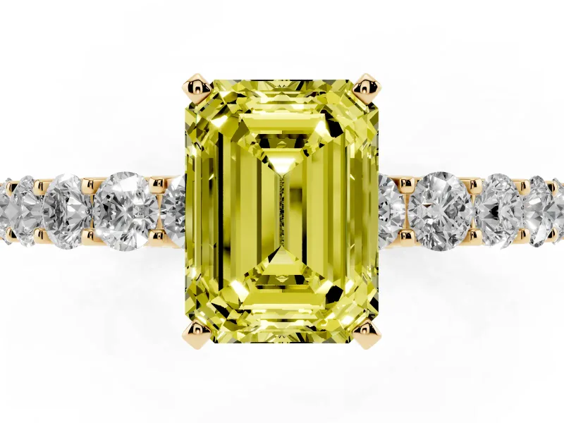 Emerald Cut Shared Prong Engagement Ring Setting for a Fancy Yellow Lab-Grown Diamond | Yellow Gold