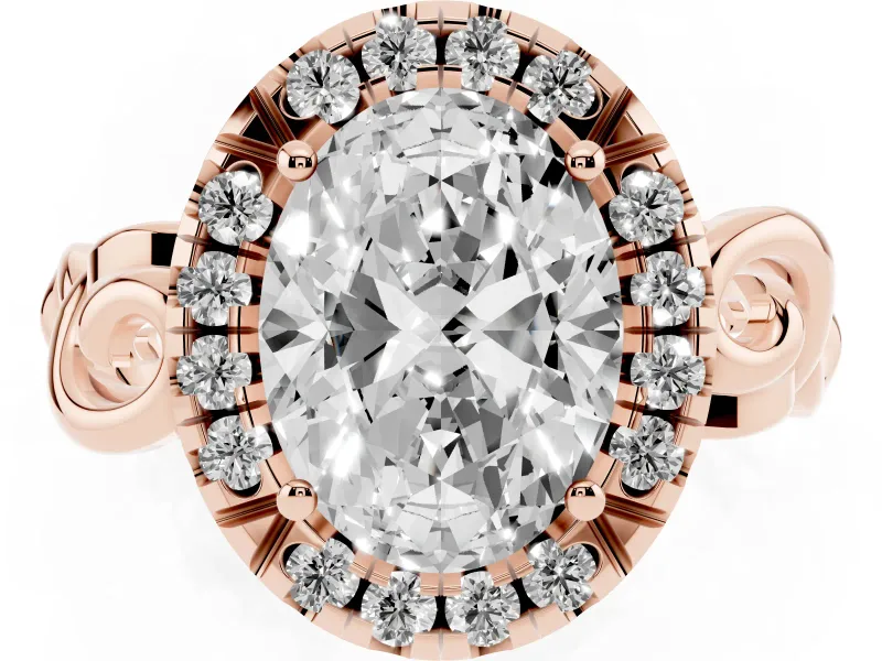 Oval Cut Diamond Halo Ring Set in Rose gold with Scrollwork Band and Prong Setting