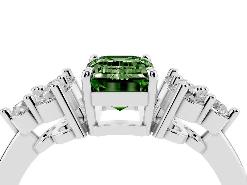Fancy Green Emerald Cut Diamond Solitaire Ring Set in Silver with Cluster Accents on Each Side
