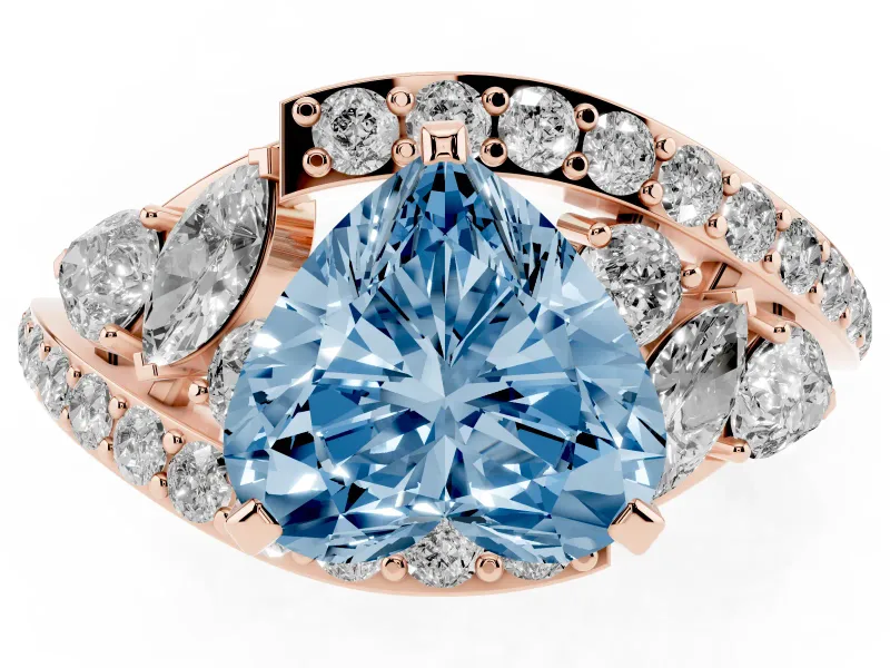 Fancy Blue Heart Cut Diamond Halo Ring Set in Rose gold with Marquise and Pavé Band in Prong Setting