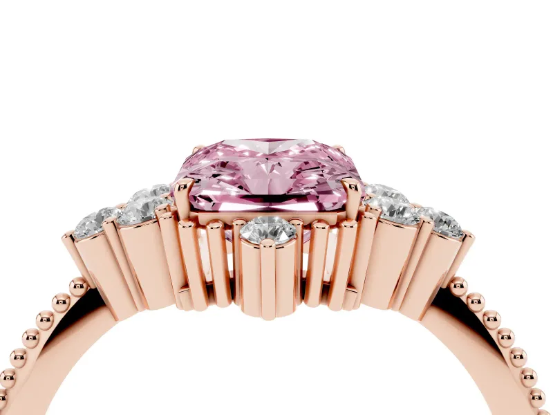 Fancy Pink Radiant Cut Diamond Cluster Ring Set in Rose gold with Beaded Band