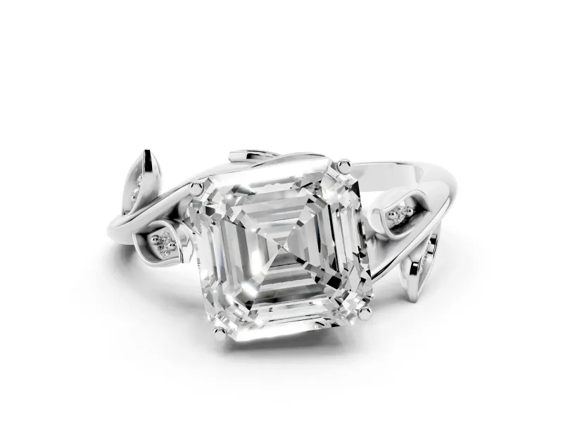 Asscher Cut Diamond Solitaire Twist Engagement Ring Set in Platinum with Pavé Leaf Accents