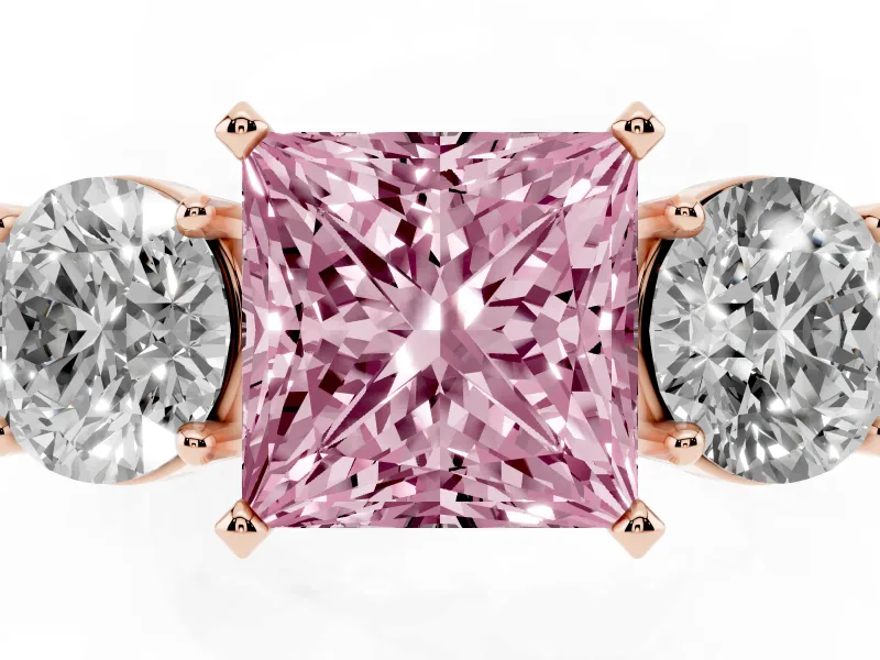 Princess Cut Three Stone Engagement Ring Setting for a Fancy Pink Lab-Grown Diamond | Wide Plain Band | Rose Gold