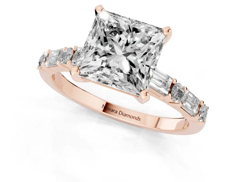 Princess Cut Baguette Side Stone Engagement Ring Setting | Alternating Accents | Rose Gold