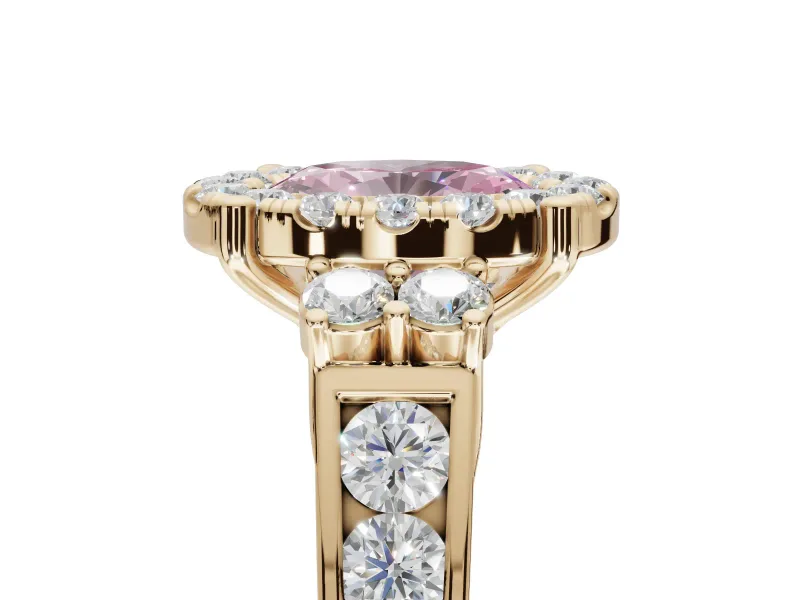 Oval Halo Engagement Ring Setting for a Fancy Pink Lab-Grown Diamond | Side Clusters | Yellow Gold