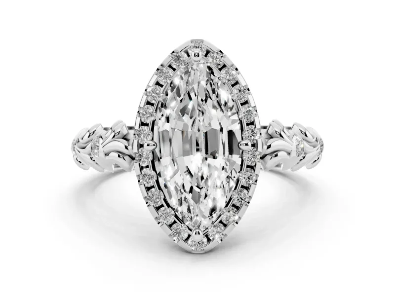 Marquise Cut Diamond Halo Ring Set in Silver with Filigree Leaf Band and Prong Setting