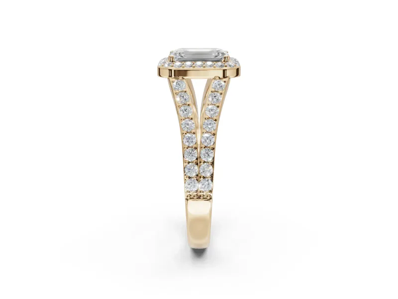 Emerald Cut Halo Pavé Engagement Ring Setting | Narrow Split Shank | Yellow Gold