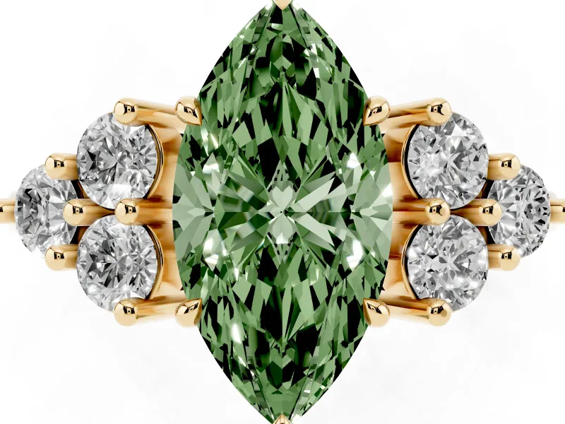 Marquise Cluster Side Stone Engagement Ring Setting for a Fancy Green Lab-Grown Diamond | Plain Band | Yellow Gold
