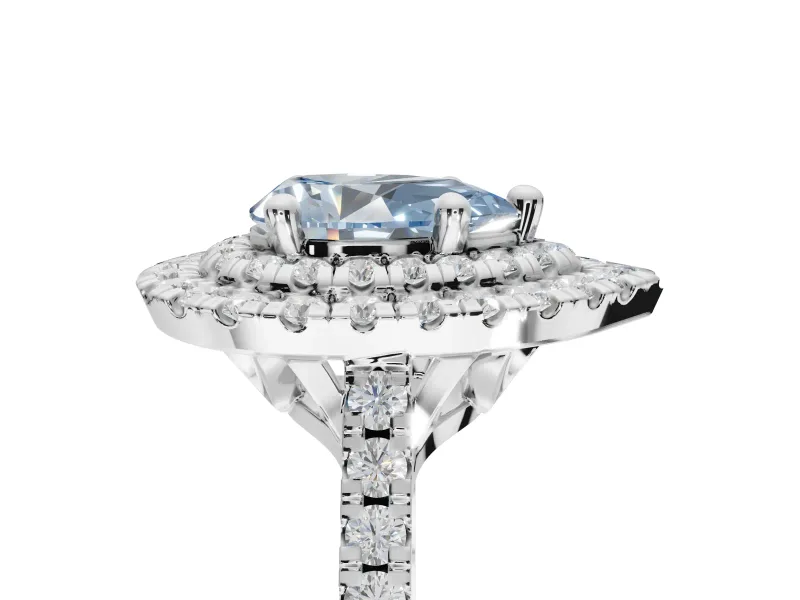 Fancy Blue Pear-Shaped Lab-Grown Diamond Double Halo Statement Ring Set in Platinum with Pavé Band