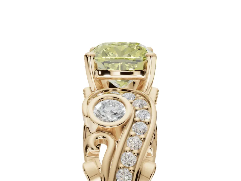 Cushion Cut Swirl Engagement Ring Setting for a Fancy Yellow Lab-Grown Diamond | Yellow Gold