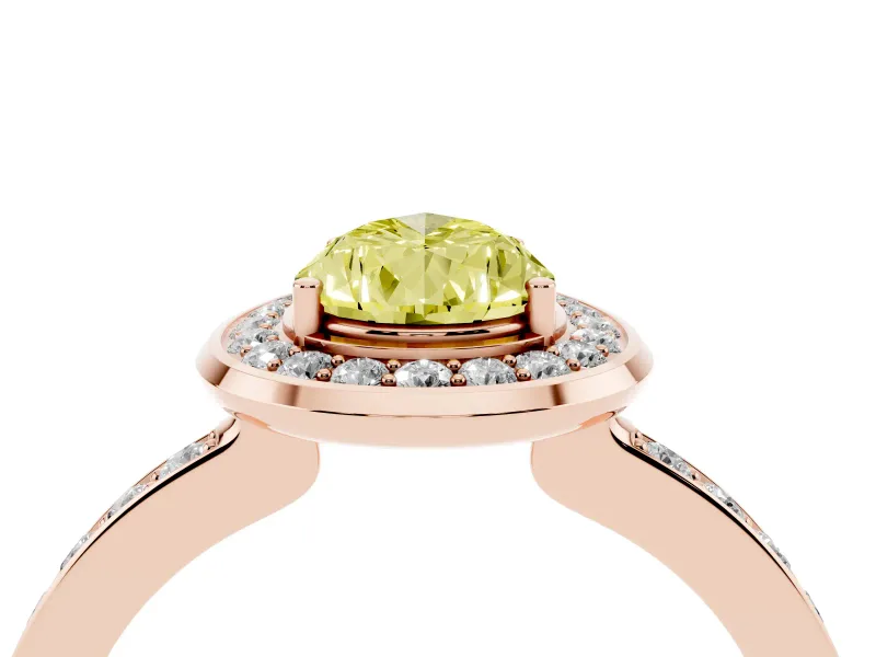 Fancy Yellow Pear Cut Diamond Halo Ring Set in Rose gold with Bezel Frame and Pavé Band