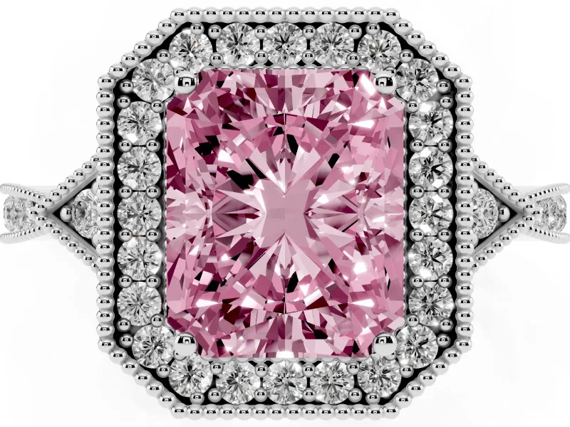 Fancy Pink Radiant Cut Diamond Halo Engagement Ring Set in Silver with Milgrain Pavé Band