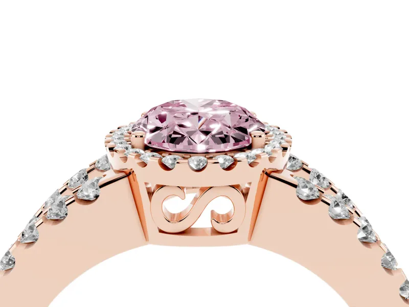 Fancy Pink Oval Cut Diamond Halo Ring Set in Rose gold with Pavé Split Shank and Prong Setting