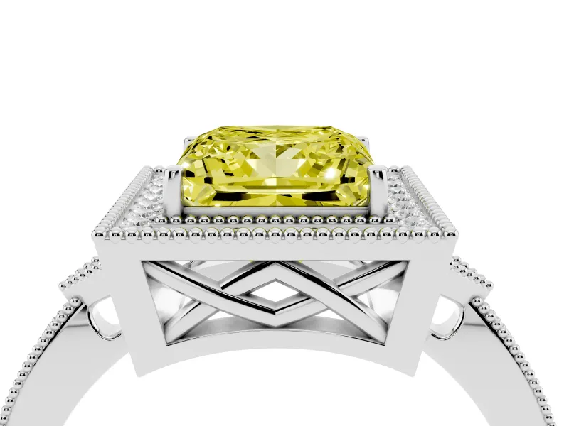 Fancy Yellow Princess Cut Diamond Halo Engagement Ring Set in White gold with Milgrain Pavé Band