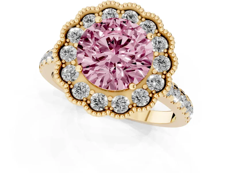 Fancy Pink Round Cut Diamond Milgrain Floral Halo Engagement Ring Set in Yellow gold with Pavé Band