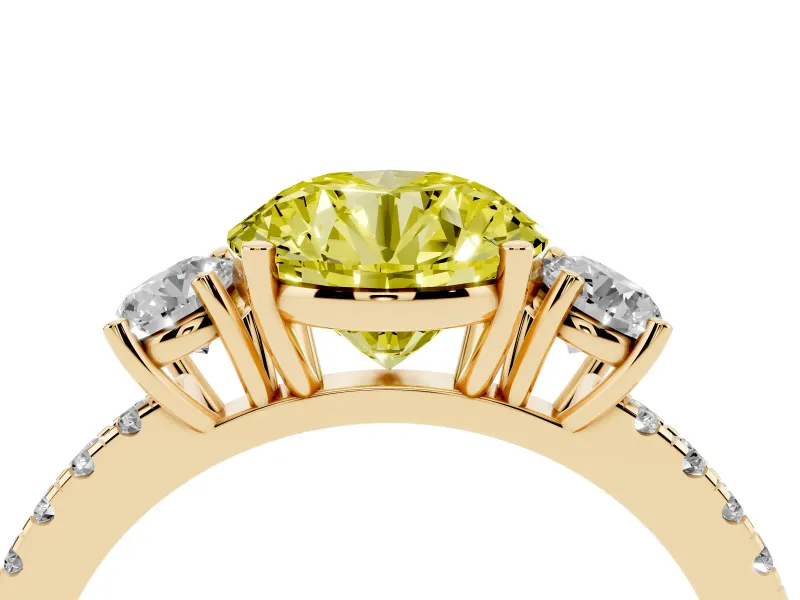Round Three Stone Engagement Ring Setting for a Fancy Yellow Lab-Grown Diamond | Pave Shoulders | Yellow Gold