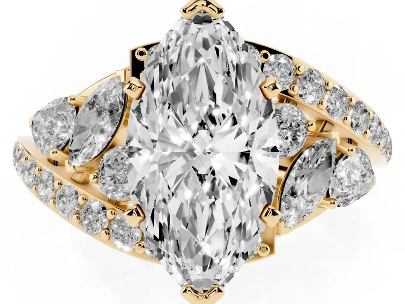 Marquise Cut Diamond Halo Ring Set in Yellow gold with Marquise and Pavé Band in Prong Setting