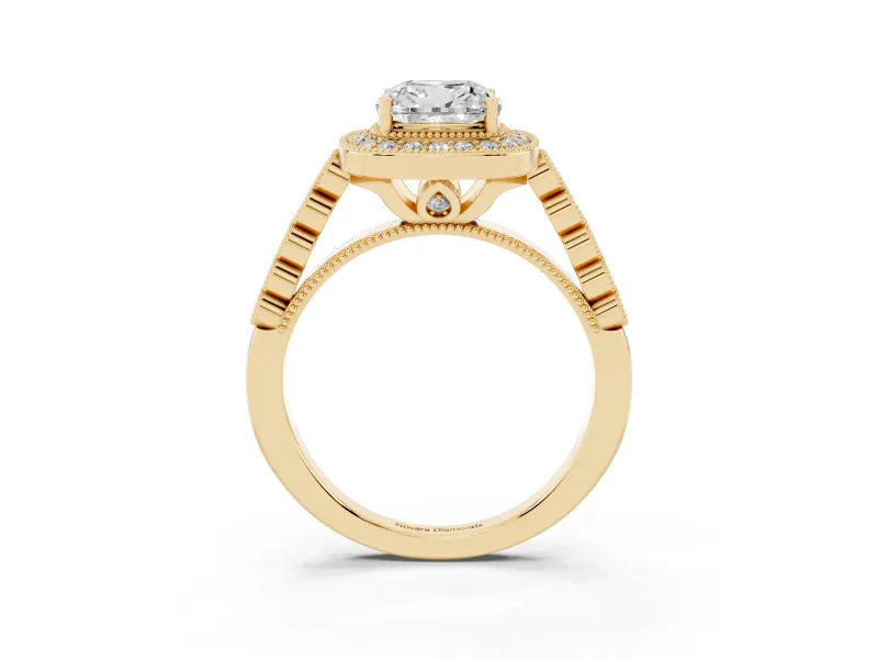 Cushion Cut Milgrain Halo Engagement Ring Setting | Graduated Bezel Accents | Yellow Gold